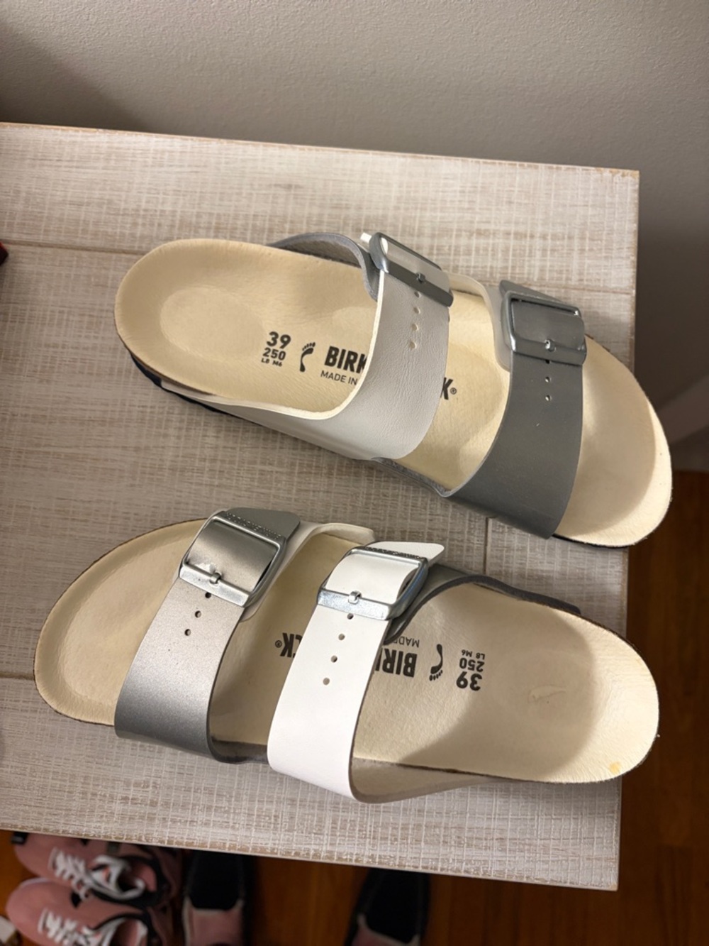 Birkenstock Arizona Two-Strap Sandals in White and Silver Metallic